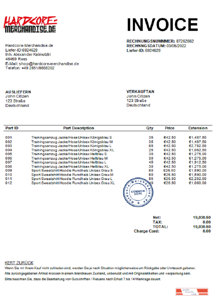 Germany Hardcore Merchandise invoice J. C. doc PSD template